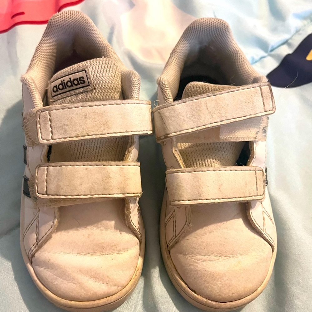 Toddler size 8 adidas Velcro white with three black stripes on side